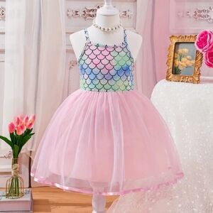 Colorful Pink Mermaid Sleeveless Little Girls Tutu Summer Dress with Tulle Skirt